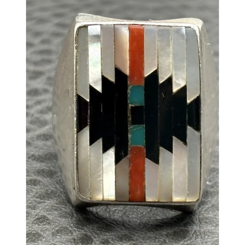 Huge Chunky Southwestern Sterling Silver Inlay Ring Turquoise Coral Black Onyx 9